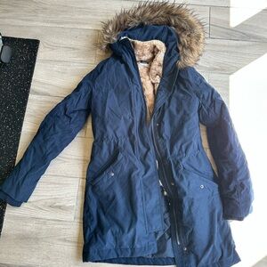 Women's Navy Parka with Faux Fur Trim